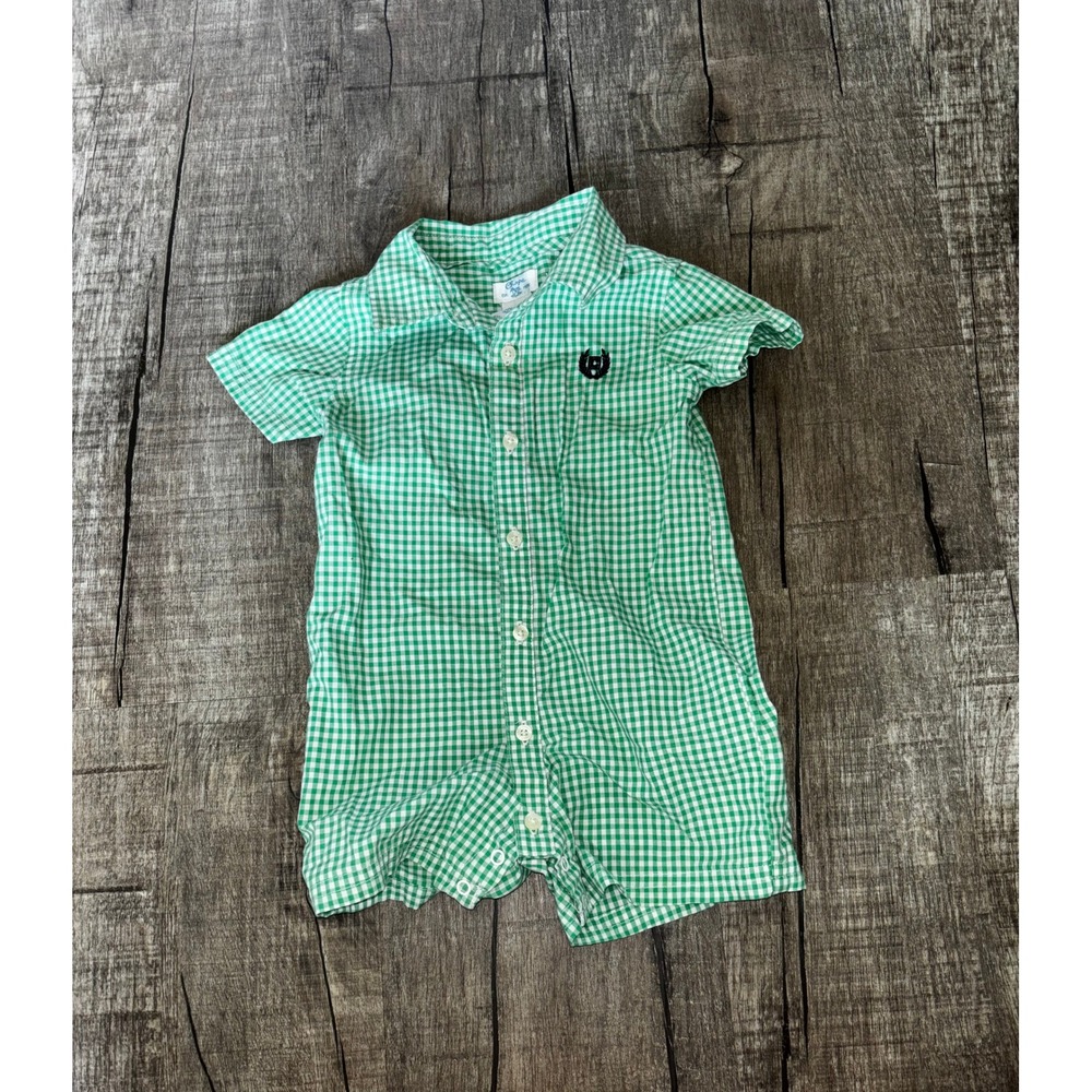 Chaps Baby Boys Green Gingham Short Sleeve Romper 6M Button Front‎ One Piece